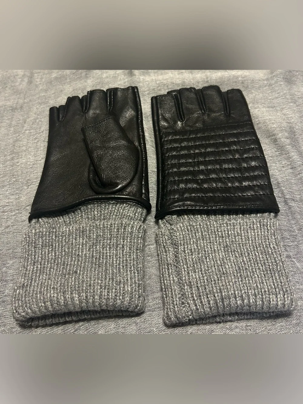 Lauren Ralph Lauren Black Leather Fingerless Gloves with Gray Knit Cuffs Size L